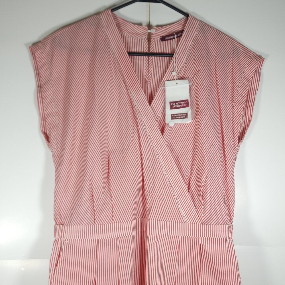Comptoir Des Cotonniers Women's SzM Red Striped Short Sleeve V Neck Dress Nwt - Picture 2 of 11